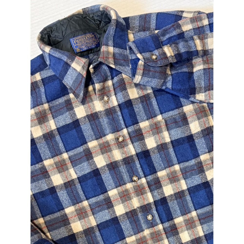 PENDLETON - Men's VTG Wool Flannel Shirt - Long Sleeve Blue Plaid USA - Large